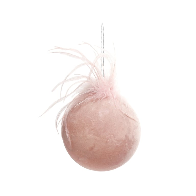 Pink Velvet Glass Bauble with Feather - 10cm Home Decor Ornament for Holiday Season