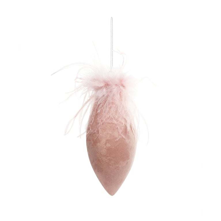 Pink Velvet Glass Droplet Bauble with Feather Decoration - Christmas Ornament Home Decor Gift