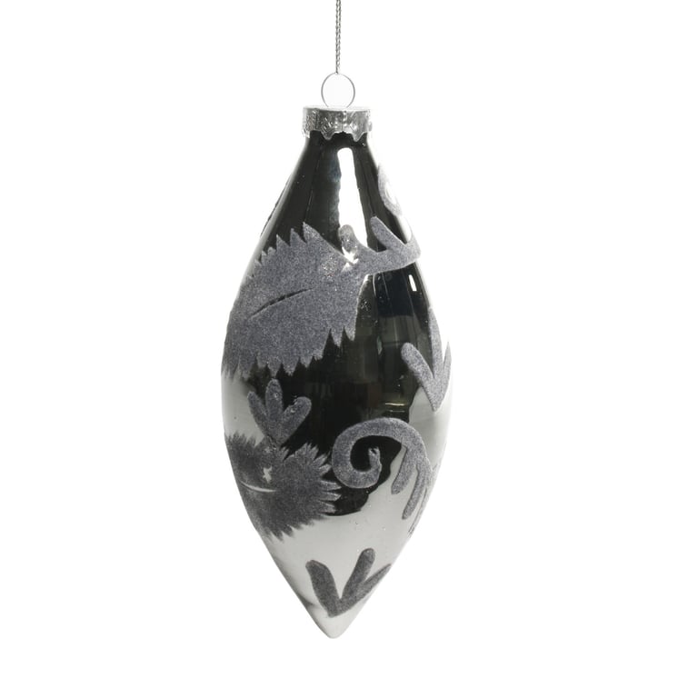 Glass Grey Teardrop Bauble with Velvet Pattern - 16cm Home Decoration Ornament