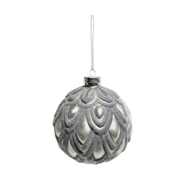 Pewter Ruffled Velvet Glass Bauble - Elegant Home Decor Christmas Ornament