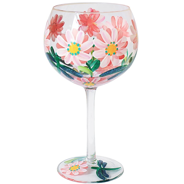 Hand Painted Daisies & Dragonfly Gin Glass - Unique Home Bar Decoration