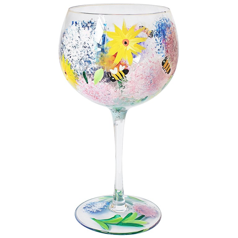 Hand Painted Alliums & Bees Gin Glass - Unique Botanical Print Home Bar Decor