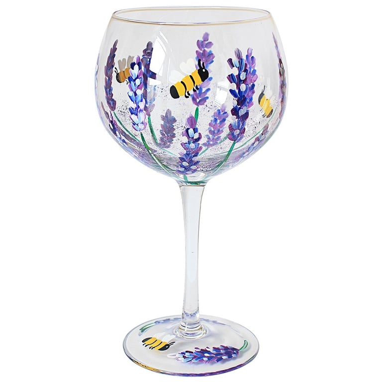 Hand Painted Bees & Lavender Gin Glass - Artisanal Home Decor Cocktail Glass
