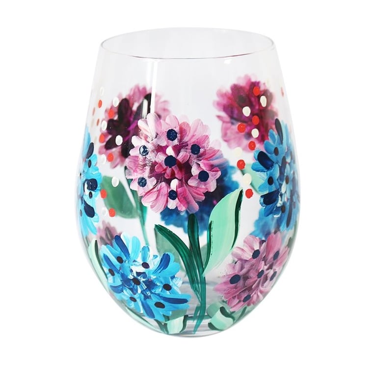 Hydrangea Stemless Glass - Elegant Home Decor Floral Design Wine Cocktail Glass