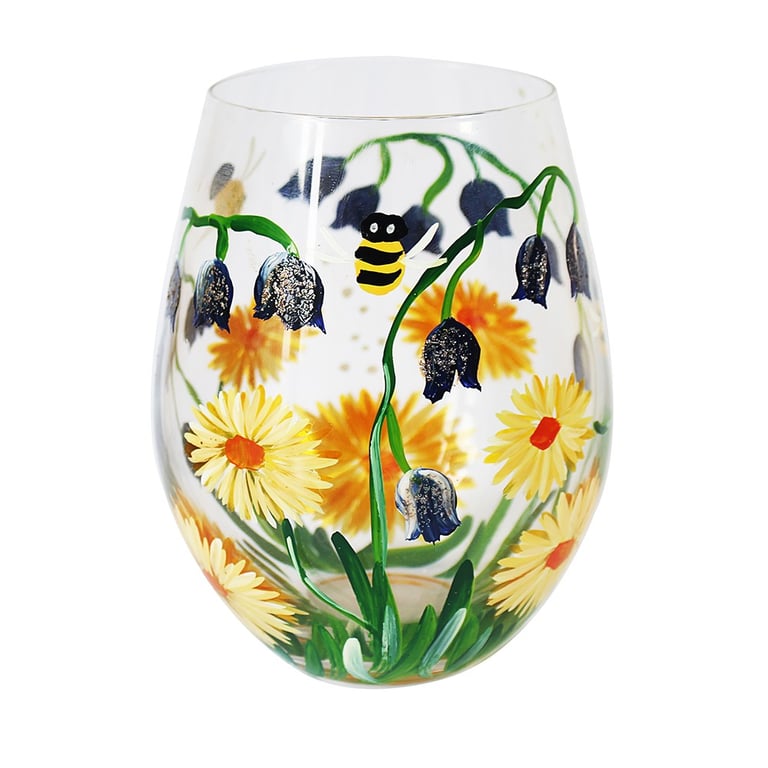 Bluebell and Bees Stemless Glass - Elegant Bee Themed Home Decor for Garden Parties