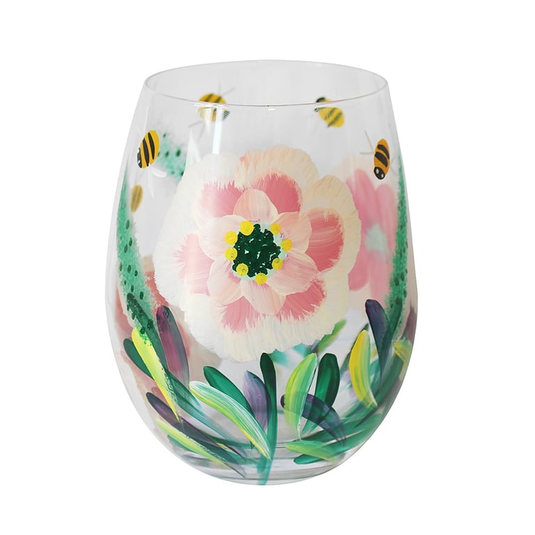 Stemless Hand Painted Glass Peonies & Bees Home Decor Floral Glasses