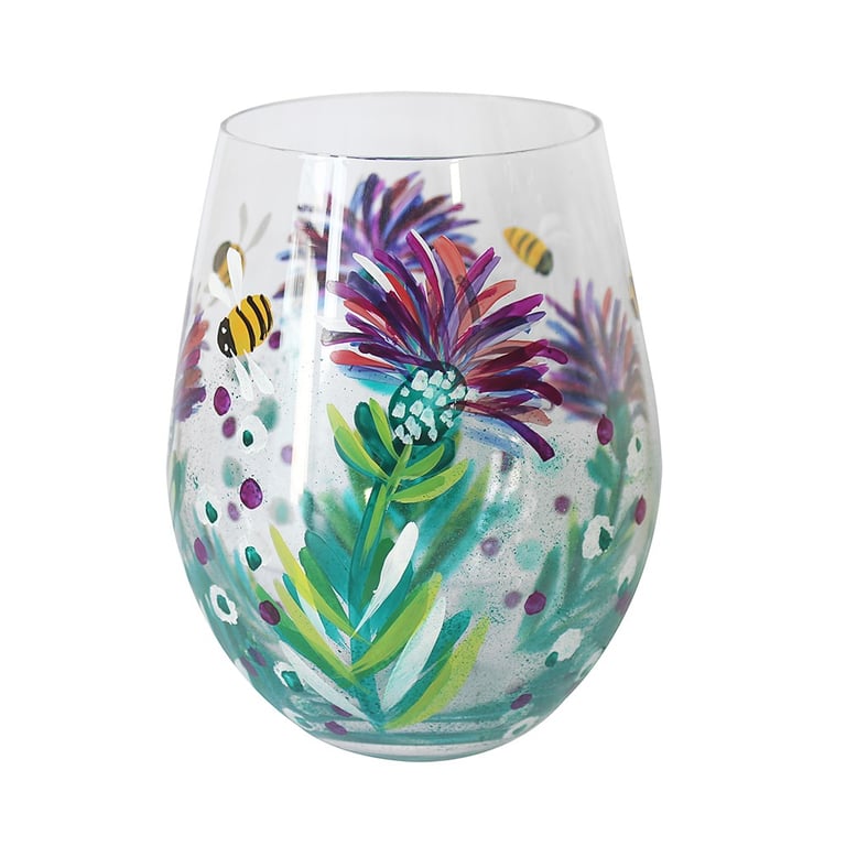 Hand Painted Thistles & Bees Stemless Glass Home Decor Unique Wineglass