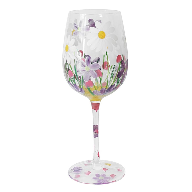 Hand Painted Daisies Wine Glass - Unique Home Decor Personalized Gift