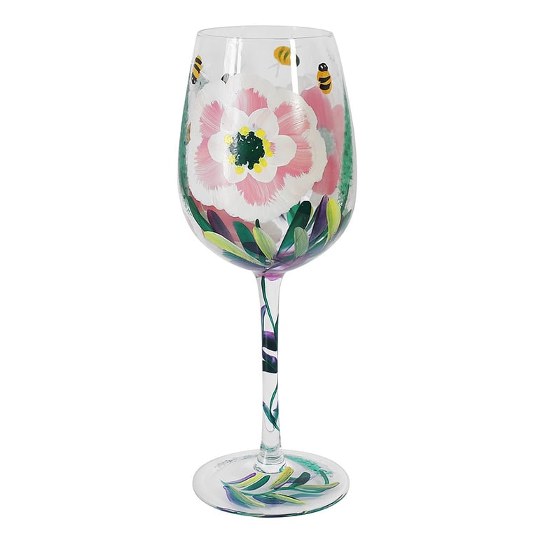 Hand Painted Peonies & Bees Wine Glass - Artisanal Home Decor Gift