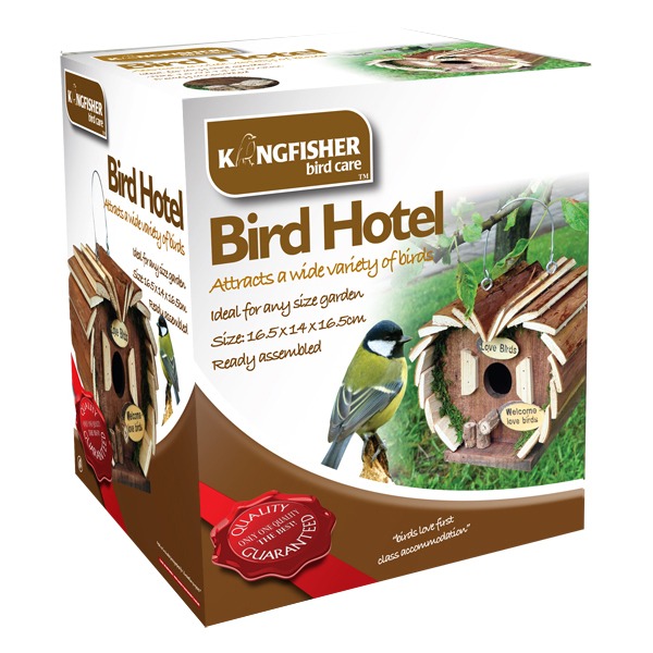 Kingfisher Wooden Bird Hotel - Attract Birds to Your Garden with this Durable Feeding Station and Perch Holder