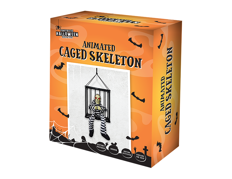 Animated Caged Skeleton Prisoner Decoration - Haunted House Halloween Decor