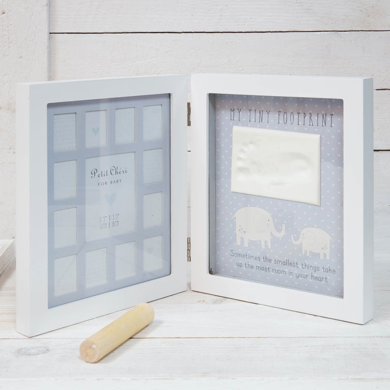 Blue Petit Cheri 12 Month Hinged Footprint Frame with Baby s First Year Imprint in Blue