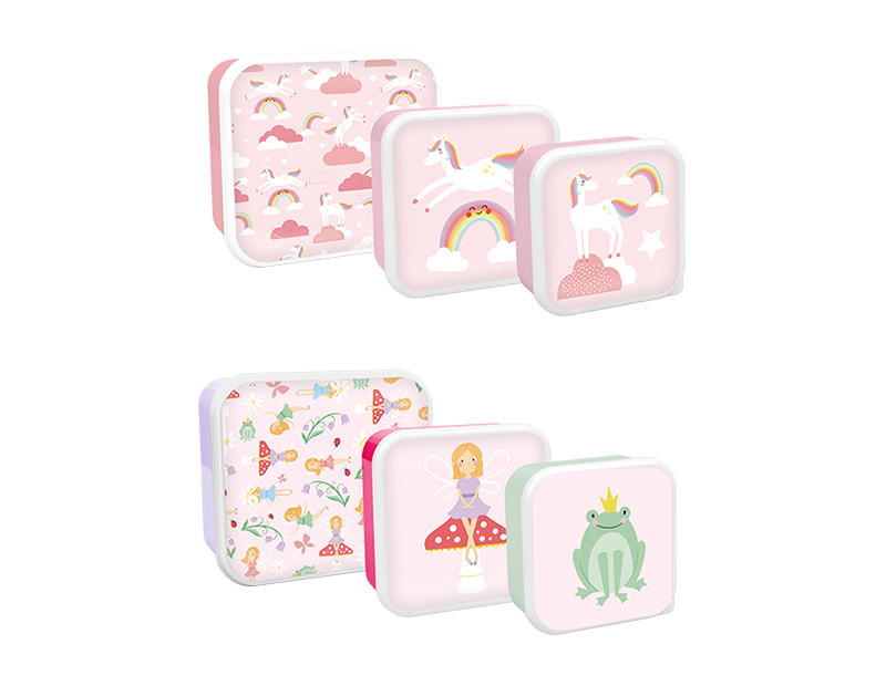 Girls Printed Food Boxes - Princess & Unicorn Assorted Storage Containers for Kids