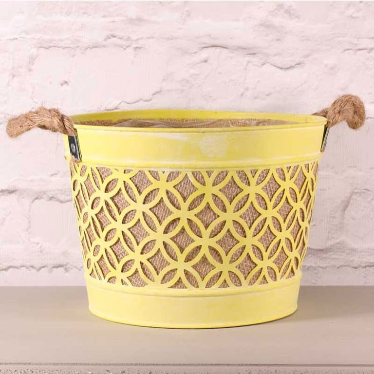 Yellow Planter with Rope Handle - 28cm Home Decor Gardening Plant Pot
