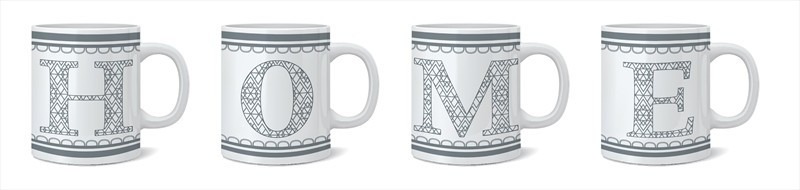11oz U Shaped Ceramic Coffee Mug Set - 4 Assorted Home Designs