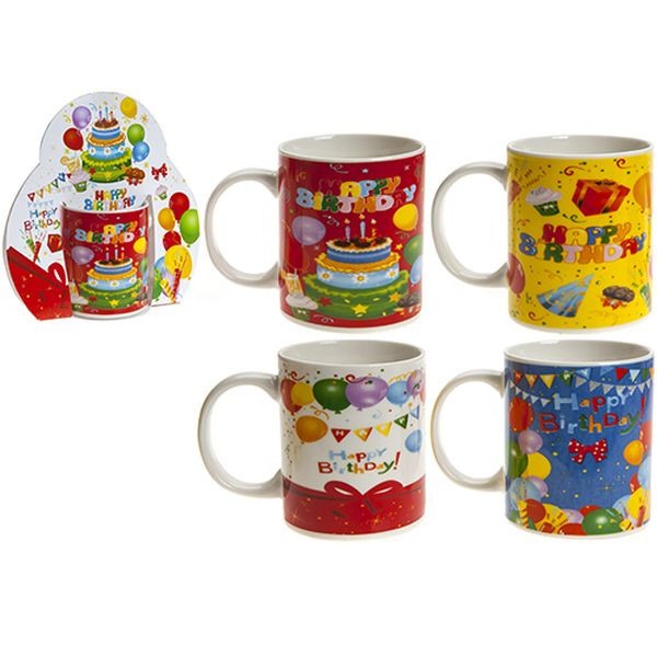4-Piece Assorted Stone Ware Happy Birthday Mugs with Wraparound Sleeve Gift Set