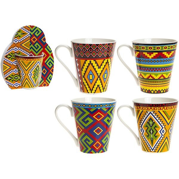 Aztec Design 4-Piece Stone Ware Ceramic Mug Set with Wraparound Sleeve