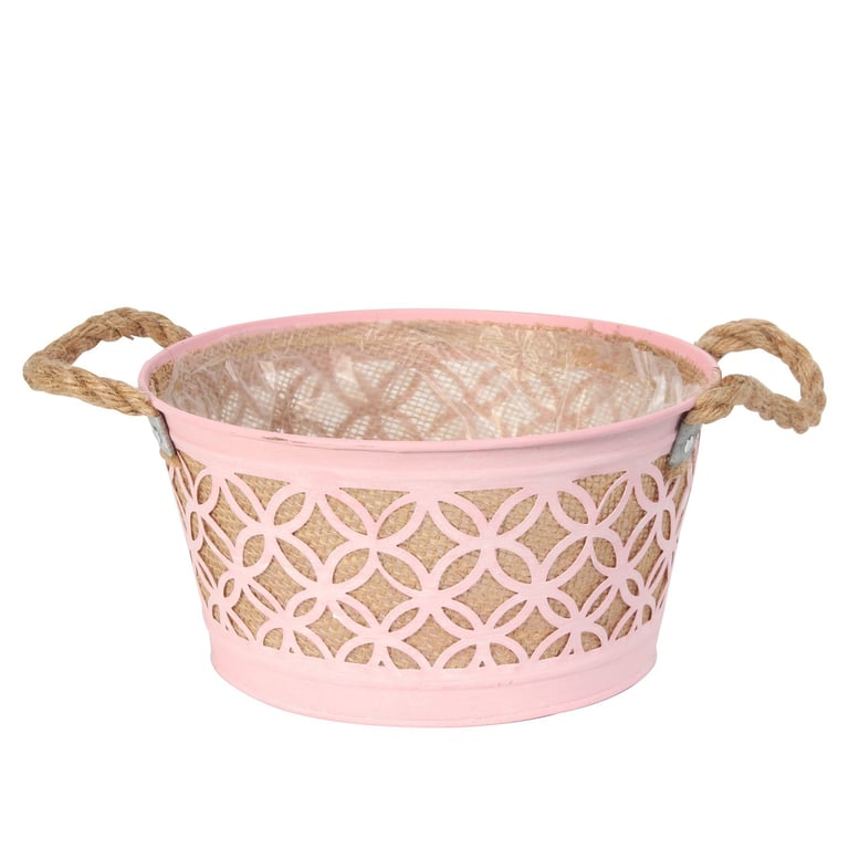 Round Pink Zinc Planter with Hessian Liner & Rope Handles - Stylish Indoor/Outdoor Plant Container with Natural Fibre Lining and Rustic Rope Accents