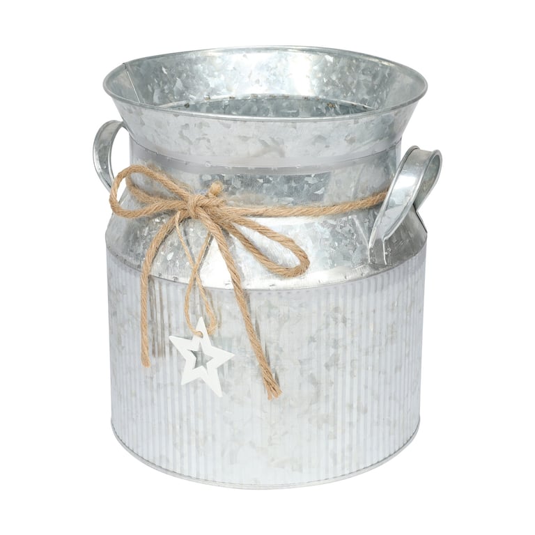 Zinc Milk Churn with Vertical Ribs and Jute Bow - Vintage Home Decor Kitchen Accessory