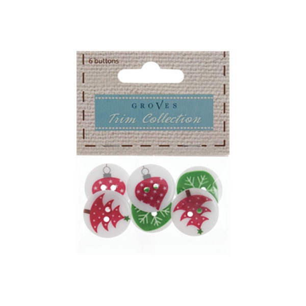 Christmas Tree Buttons - Pack of 6 Assorted Designs, 15mm Holiday Decorations