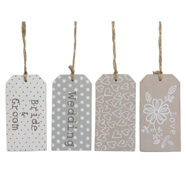 Wooden Wedding Tags - 4 Assorted Name Labels, Guest Identifiers for Event Signage and Party Decoration