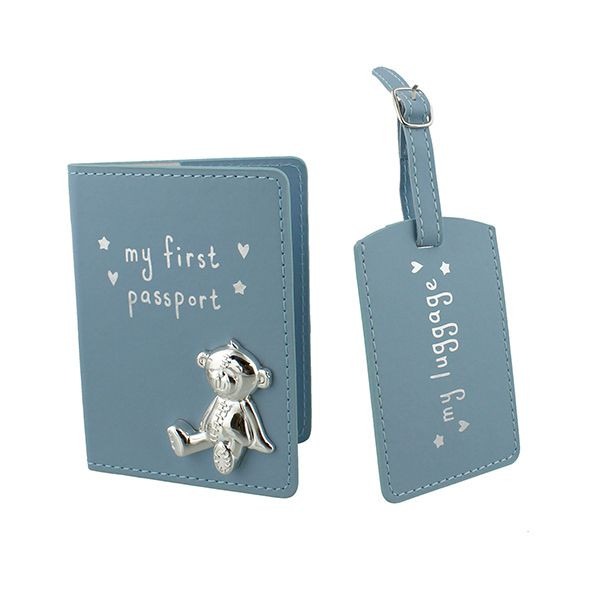 Button Corner Pu My First Passport & Luggage Tag - Blue, Travel Essential for First-Time Explorers and Frequent Flyers