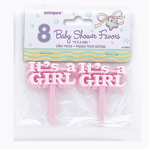Pink It s a Girl Cake Picks - 8-Piece Pink Birthday Decoration Set