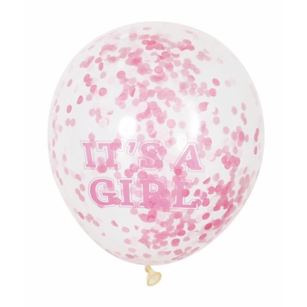 Clear 12inch Girl Pink Confetti Balloon (6 Pack) - Birthday Decoration Party Supplies