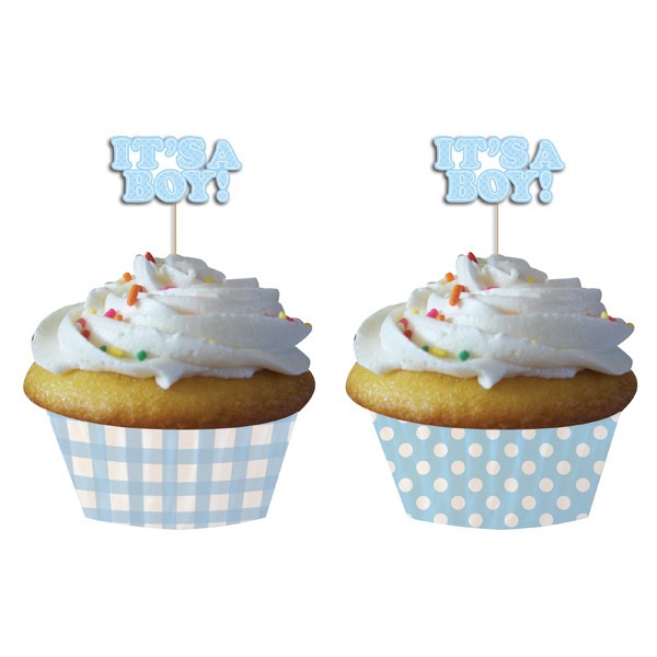 Boy Cupcake Cases with Picks - 12 Pack Baking Supplies for Kids Parties