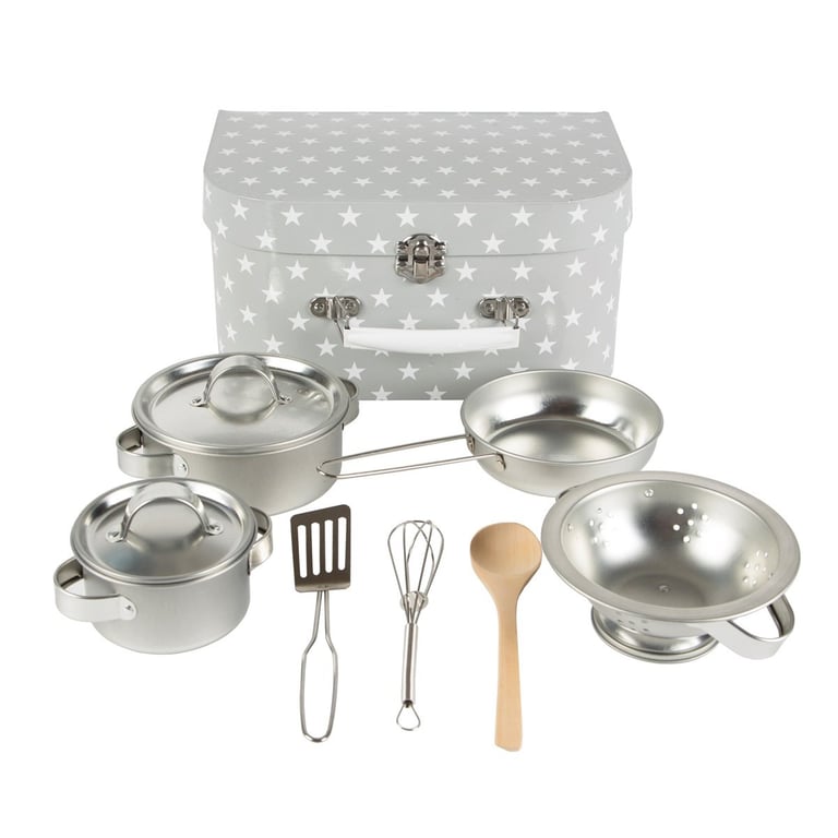 Kids Kitchen Cooking Box Set with Grey Stars Home Playset for Pretend Play