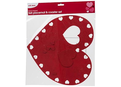 Heart Shaped Felt Placemat and Coaster Set in Reusable Home Decor Bag with Header Card - Kitchen Tableware Accessory