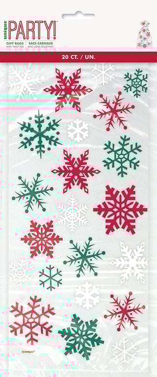 Red and Green Snowflake Cellophane Bags - Festive Holiday Party Decorative Bags