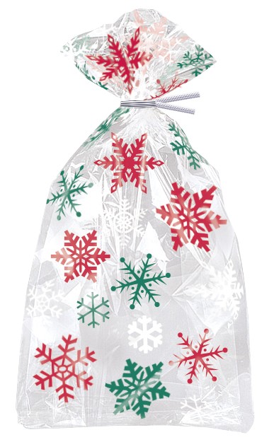 Red and Green Snowflake Cellophane Bags - Festive Holiday Party Decorative Bags
