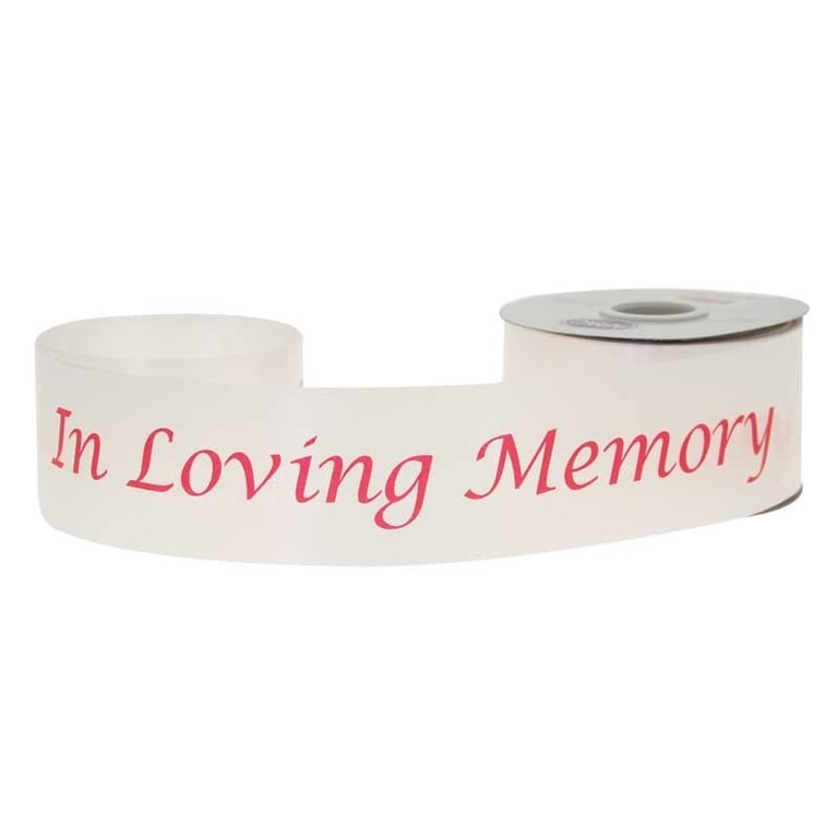 In Loving Memory Poly Ribbon - White Ribbon with Red Text Memorial Tribute (2 x 50 Yards)