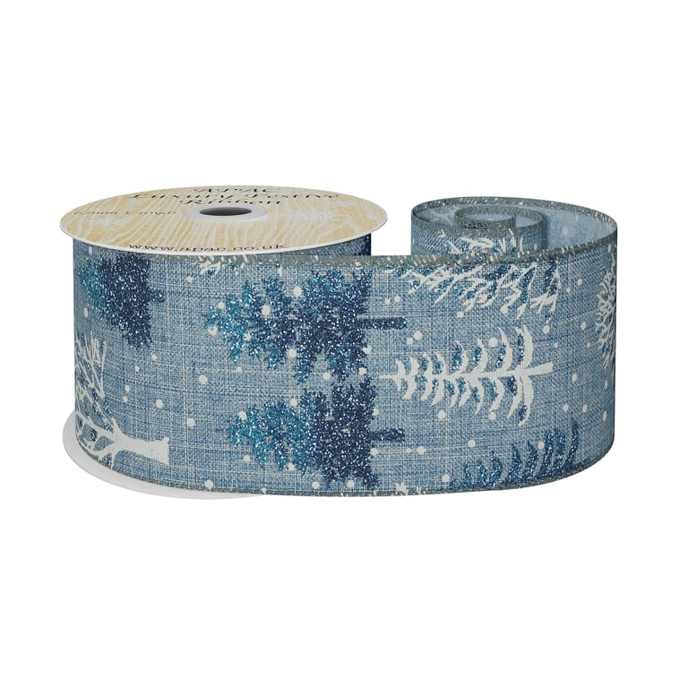 Blue White & Blue Glitter Trees Ribbon - 63mm x 10yds Home Decor Ribbon