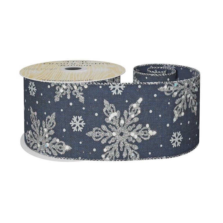 Dark Blue Silver Snowflakes Ribbon - 63mm Wide Home Decor Accent (10 Yards)