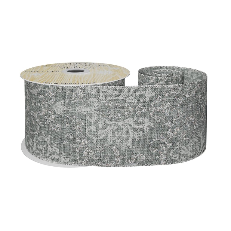 Grey Silver Pattern Ribbon - 63mm Wide Home Decor Ribbon (10 Yards)