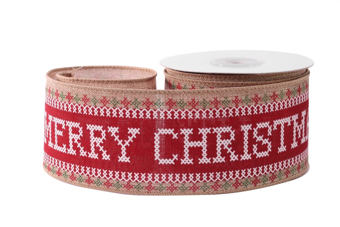 Merry Christmas Cross Stitch Red/White/Green Ribbon (63mm x 10yds) - Festive Home Decor Accent for Crafting and Holiday Decoration