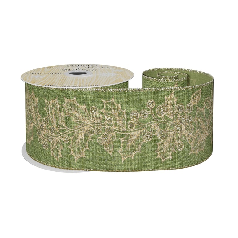 Green with Gold Holly Ribbon (63mm x 10yds) - Green Ribbon for Home Decor and Holiday Decoration Craft Supplies