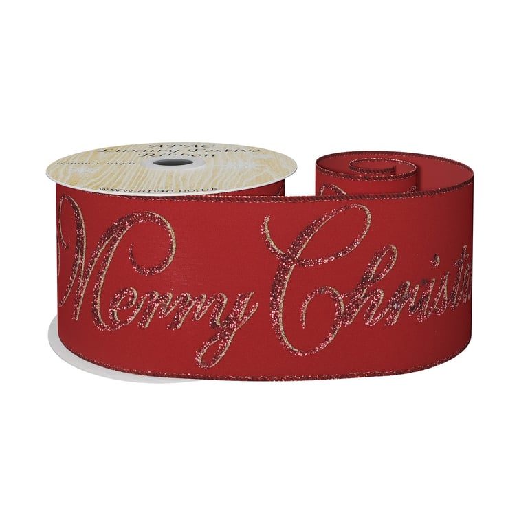 Red & Gold Glitter Merry Christmas Ribbon - Festive Home Decor Decoration