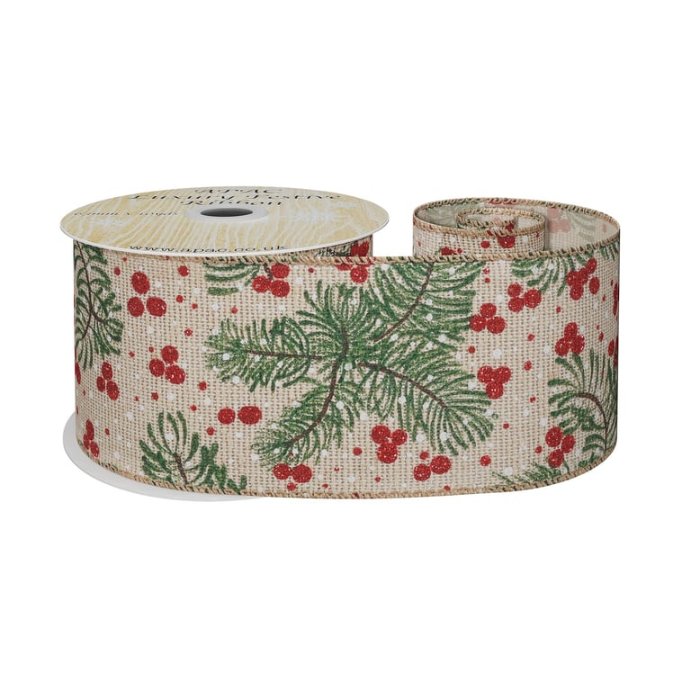 Natural Green Spruce and Red Berry Holiday Ribbon - Home Decor Accent
