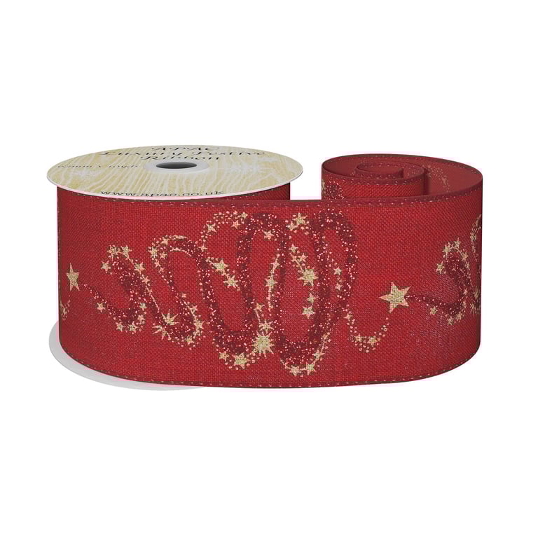 Burgundy Ribbon with Christmas Star and Swirl Design - 10yd Home Decor Ribbon