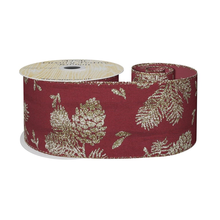 Burgundy Ribbon with Gold Glitter Fir and Cone - Festive Home Decor Accents