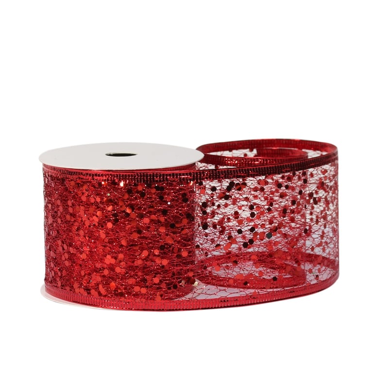 Red Glitter Mesh Ribbon - 10 Yard Roll, Perfect for Home Decor, Party Supplies and Crafts