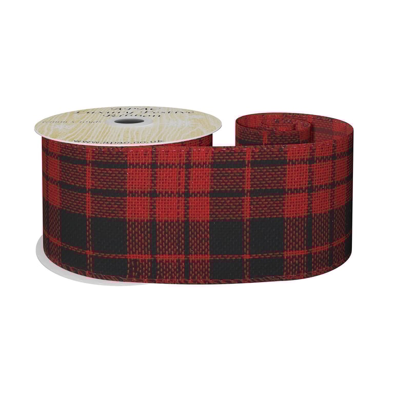 Red & Black Wire-Edged Tartan Ribbon - 63mm Wide Home Decor and Crafting Supply