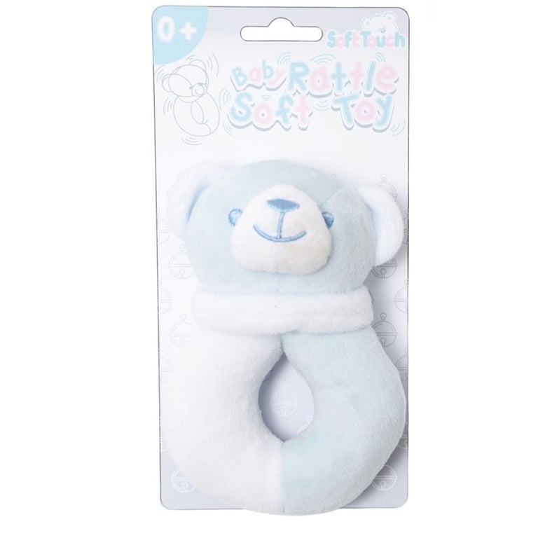Soft Touch Blue/White Plush Baby Rattle Toy - Gentle Tactile Fun for Infants
