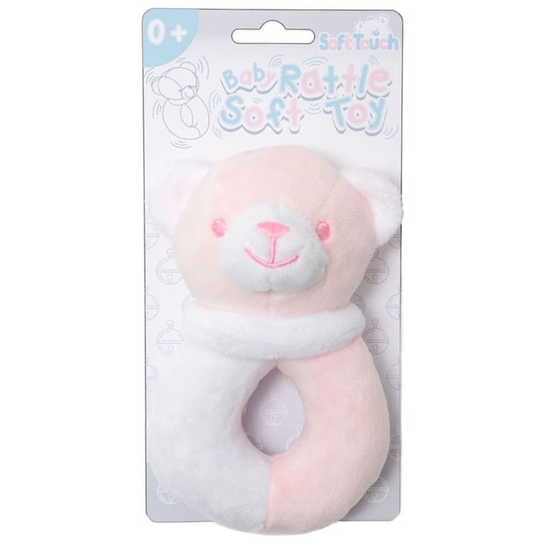 Soft Touch Pink/White Baby Bear Rattle Toy - Gentle Teething and Sensory Play