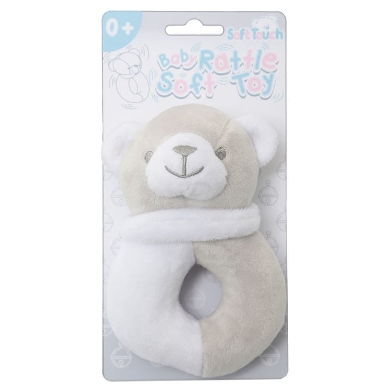 Soft Touch Grey/White Bear Rattle Toy - Cuddly Teether Toy for Babies