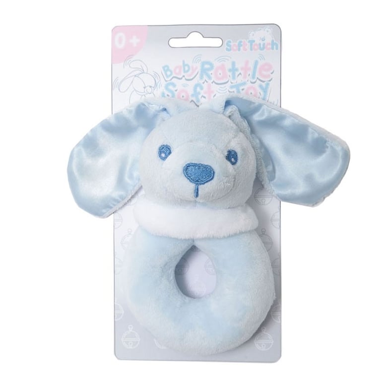 Soft Touch Blue Bunny Rattle Toy - Gentle Baby Comfort and Sensory Development Toy