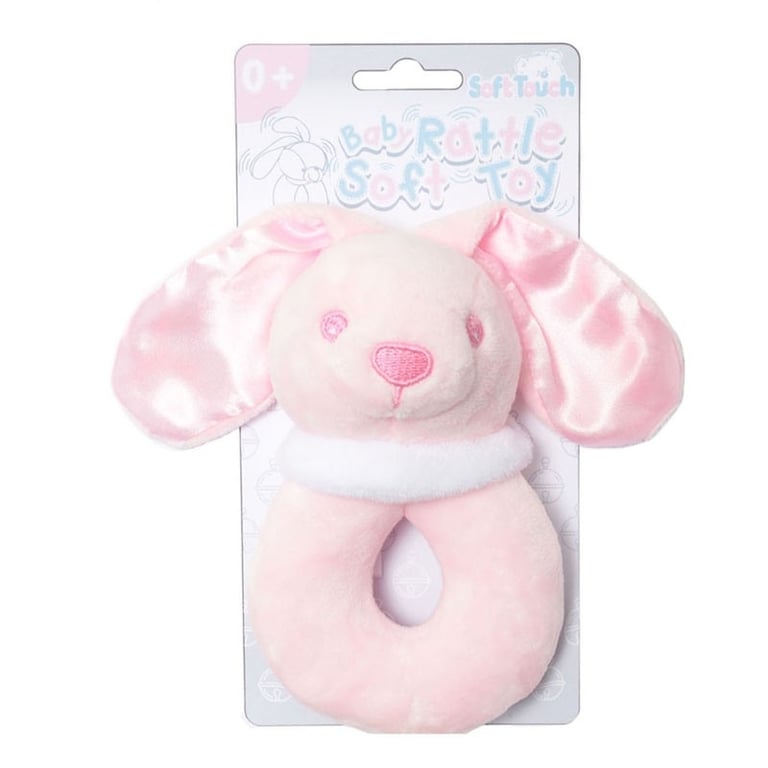 Soft Touch Pink Bunny Rattle Toy - Gentle Calming Baby Soother for Toddlers
